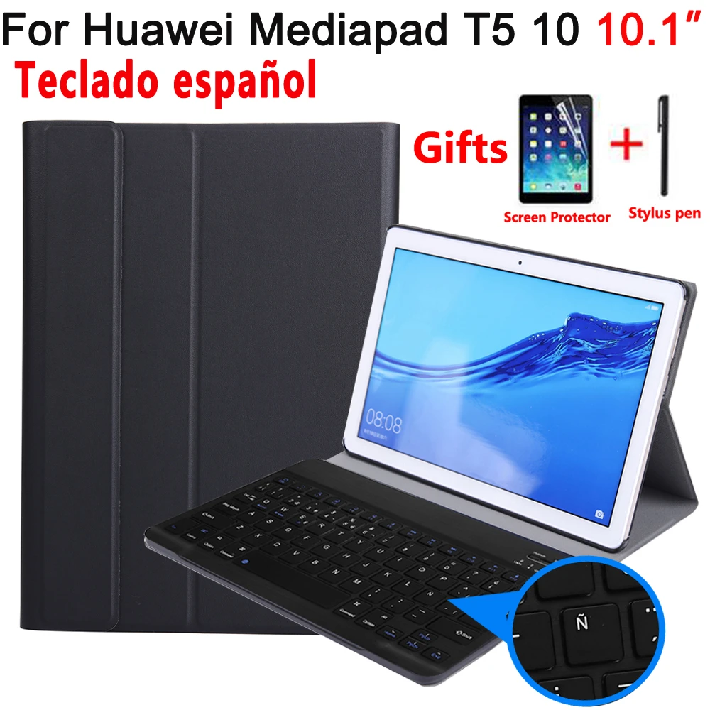 Funda con teclado en español para Huawei Mediapad T5 10, carcasa con AGS2  L09 de AGS2 W09 de 10,1 AGS2 L03 para Huawei T5 10,1, cubierta de Teclado +  película + bolígrafo|Fundas