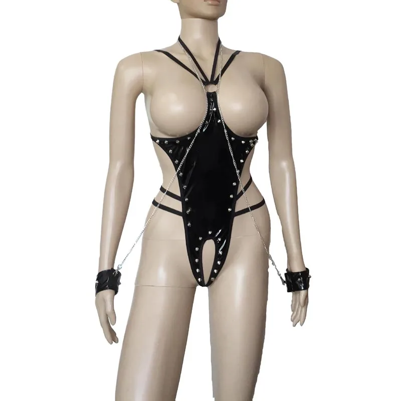 

Sexy Patent Leather Crotchless Teddy Wet Look Studded Body Harness Cupless Bodysuit with Chained Wrist Cuffs Mistress Fetish Cos