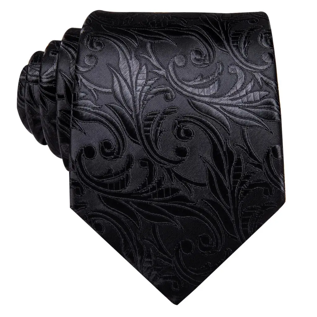 Black Floral Silk Wedding Tie Set - Elegant Necktie with Handkerchief  Cufflinks for Men