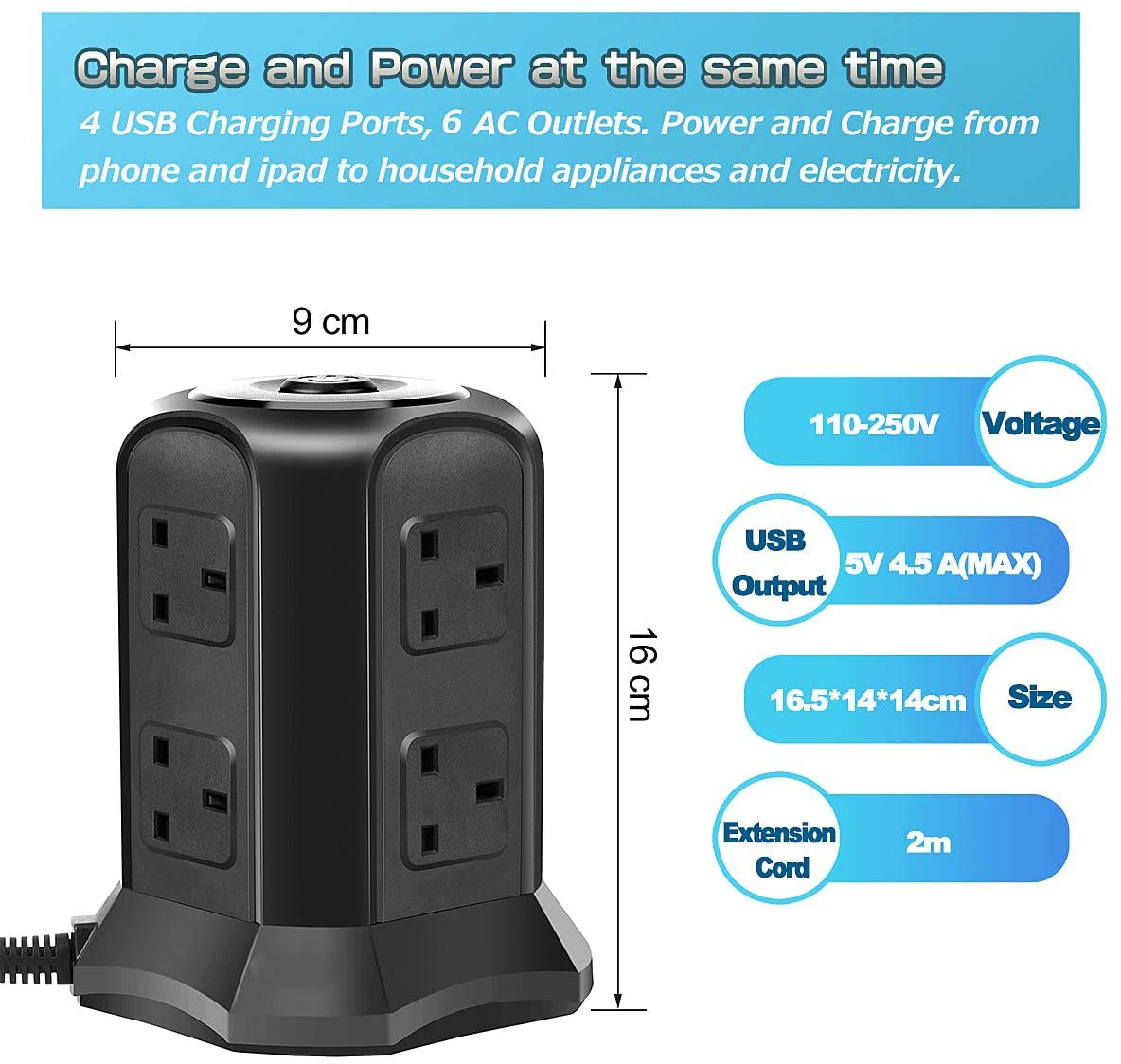4 way gang 2M secteur câble d/'extension plomb plug socket 4 socket surge protected