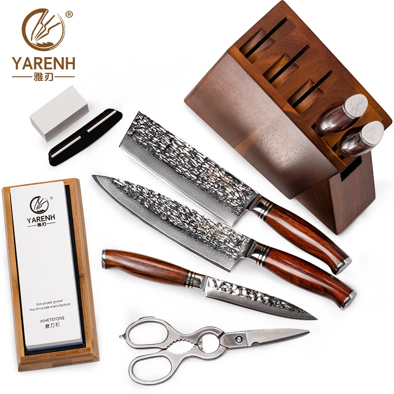 

YARENH 8 Pcs Professional Knife Block Set Ultra Sharp 73 Layers Damascus Steel Kitchen Chef Knife Set with Dalbergia Wood Handle
