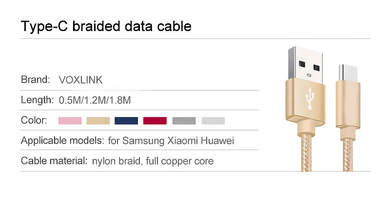 VOXLINK usb type-C кабель для быстрой зарядки usb c кабель type-c кабель для передачи данных usb-c для samsung S8 S9 Note 9 8 Xiaomi mi8 mi6 htc