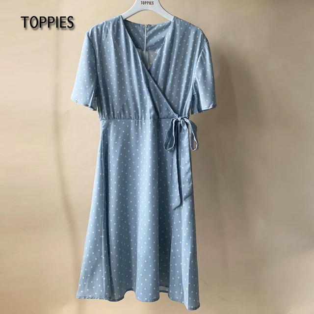 Toppies Summer Short Sleeve Shirts Dress Polka Dot Printing Dress Woman v-neck Lace Up Belt vestido 2021 4