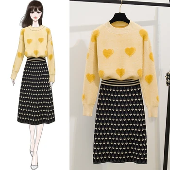

Fashionable Suits Autumn Winter Bust Skirt Pullover Sweater Two-Piece Outfit Women Knitted Clothing Set Leisure Clothes Knitwear