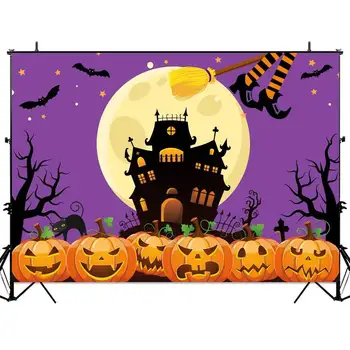 

Halloween Nightmare Themed Backdrop Horror Castle Night Full Moon Pumpkins Birthday Party Wall Table Decor