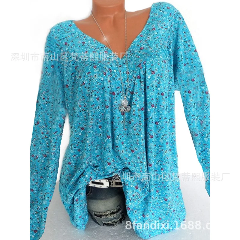 Женские топы и блузки размера плюс 5XL, осень, новинка, длинный рукав, цветочный принт, v-образный вырез, блузки, женские повседневные свободные Рубашки, Топы, блуза - Цвет: Синий
