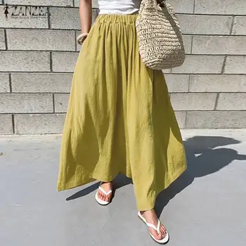 

ZANZEA Women Pants Oversized Female Work Office Long Trousers Cotton Solid Wide Leg Pantaloes Loose Pockets Streetwear Bottoms