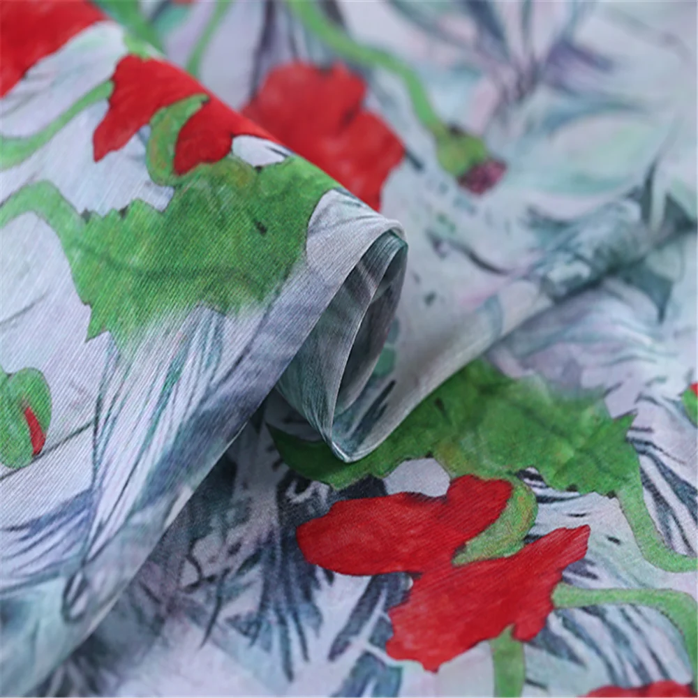 Red Floral Green Leaf Fashionable Style Silk Linen Fabric with Competitive Price for Nice Summer Dress