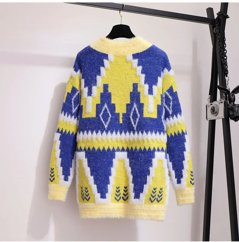 2XL/3XL Женский Зимний пуловер с геометрическим рисунком, Свободный пуловер с v-образным вырезом, свитер из мохера с длинными рукавами, вязаная одежда с v-образным вырезом, Повседневные вязаные топы b703