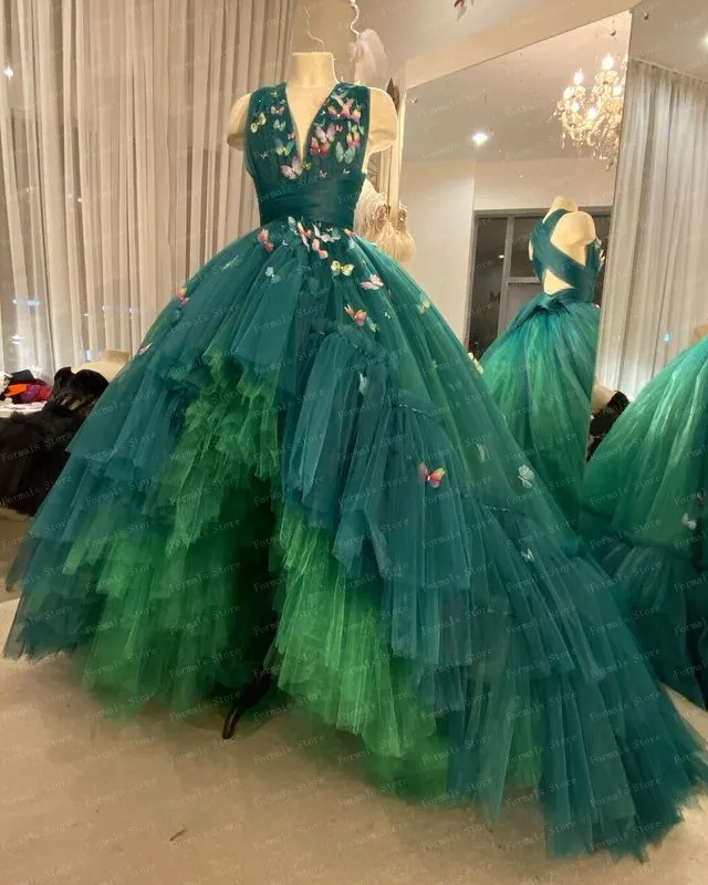 Green Tulle Ball Gown Layered Evening Dress Floor Length High Low Dress With Butterfly Cross Prom Dress Floor Length Dress green evening gown Evening Dresses