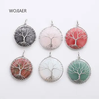 

WOJIAER Wire Wrap Tree of Life Pendant Natural Stone Round Cabochons Bead Reiki Pendants for Necklace Women Men Jewelry ZBM154