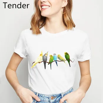 

Women t shirt 2020 summer Pink watercolor Parrot print tshirt femme rainbow birds oversized t- shirt streetwear white top tees