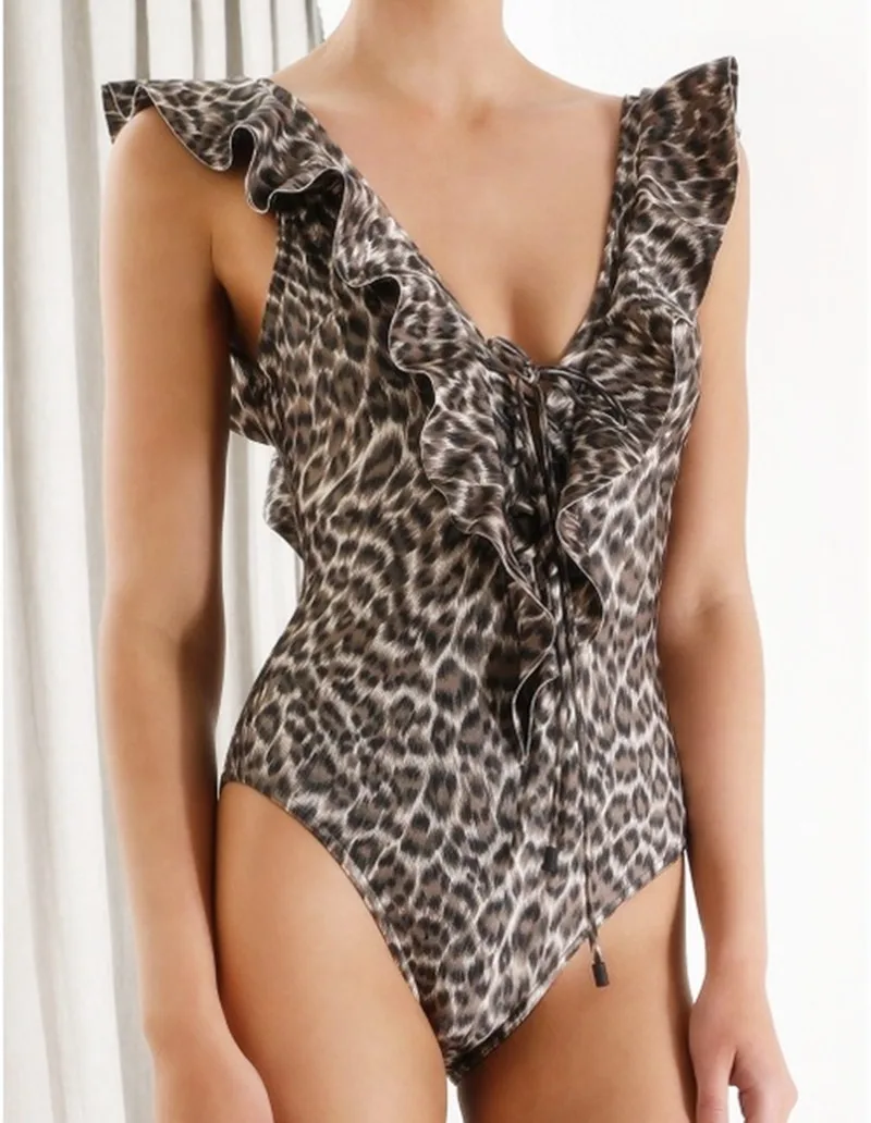 

Ruffle Swimsuit One Piece Suits Leopard Print Bathing Suit for Women 2020 Summer Beach Bodysuit Mujer Flounce Black Badpak XL