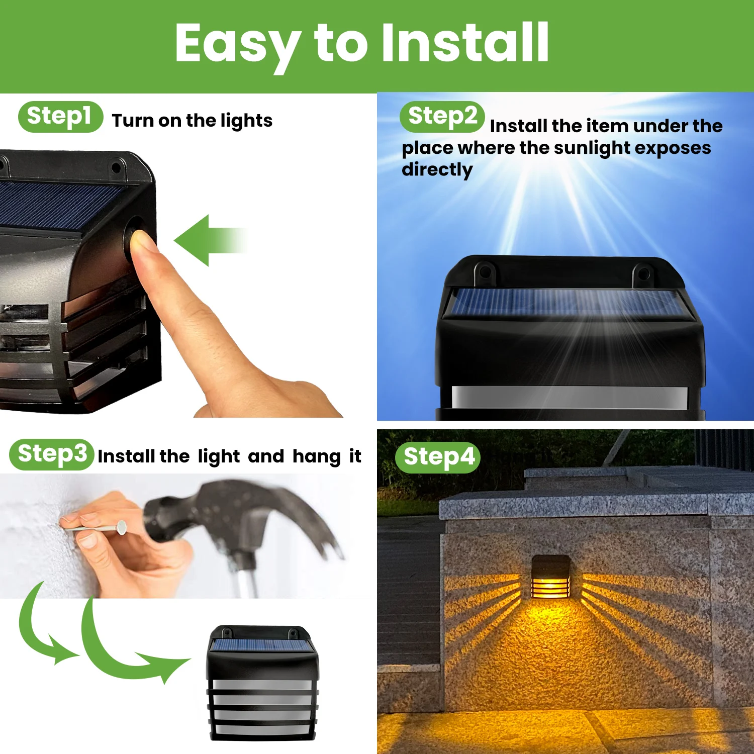 Description Picture 4 of item4PCS LED Solar Wall Lamp Outdoor Waterproof Grille Luminous Lighting Garden Decoration Solar Lights Stairs Fence Sunlight Light