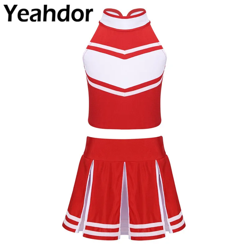 

Kids Girls Cheerleader Cosplay Costume Outfit Sleeveless Zippered Tops with Pleated Skirt Set School Stage Performance Dancewear
