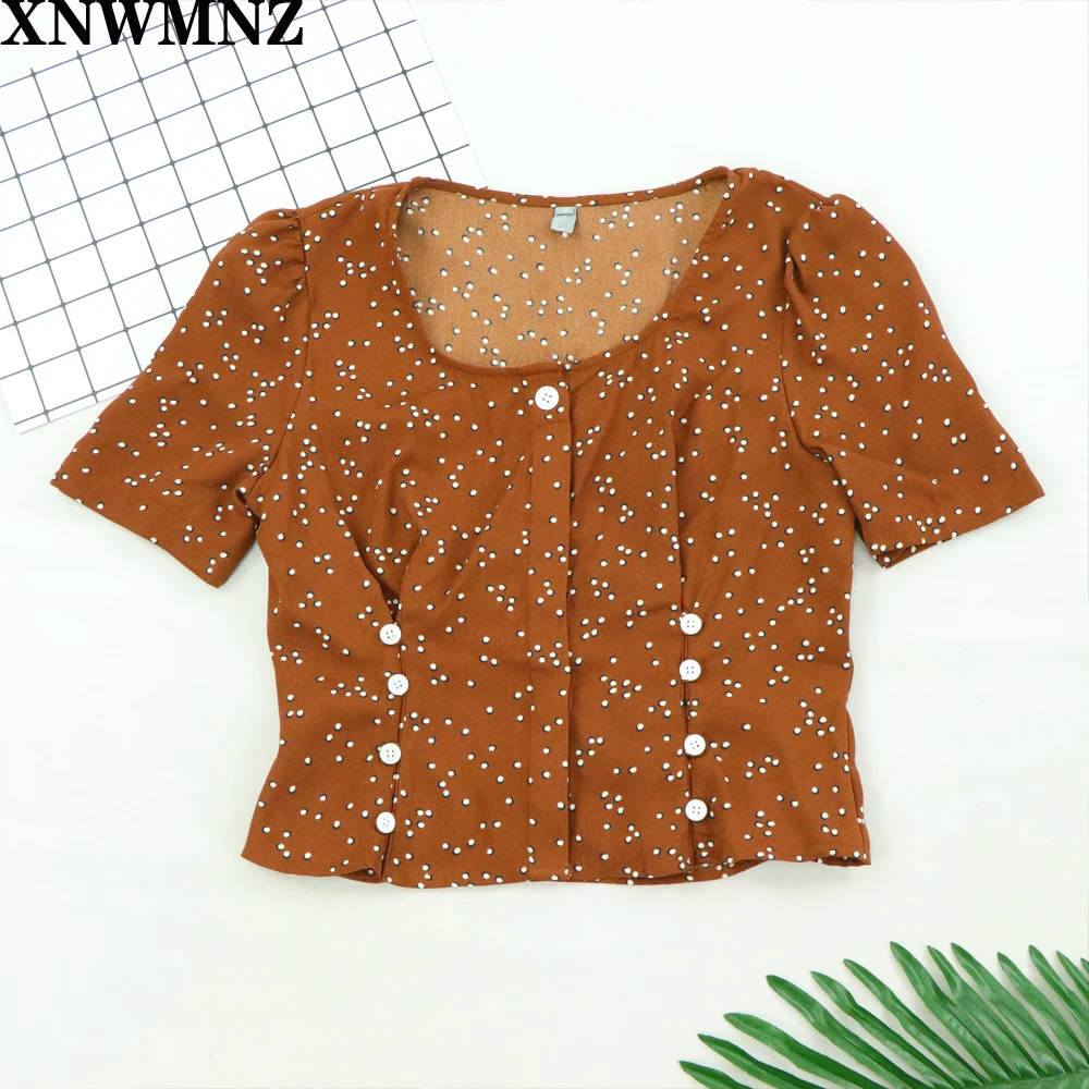

XNWMNZ za Chic Elegant brown polka dot Print blusas mujer de moda 2020 Center Buttons blusas Vintage Slim V Neck Women blouse