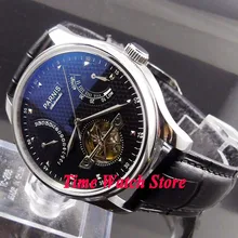 Parnis 43 мм автоматические мужские часы Дата запас хода дисплей Водонепроницаемый черный циферблат Дата черный кожаный ремешок