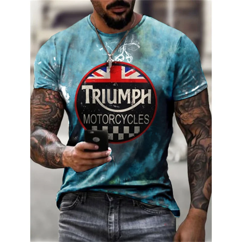 3D Triumph Motorcycle Print T-shirt Oversize Tshirt Unisex Round Neck Summer Men's Clothing Short Sleeves Cool Male Tops Tees