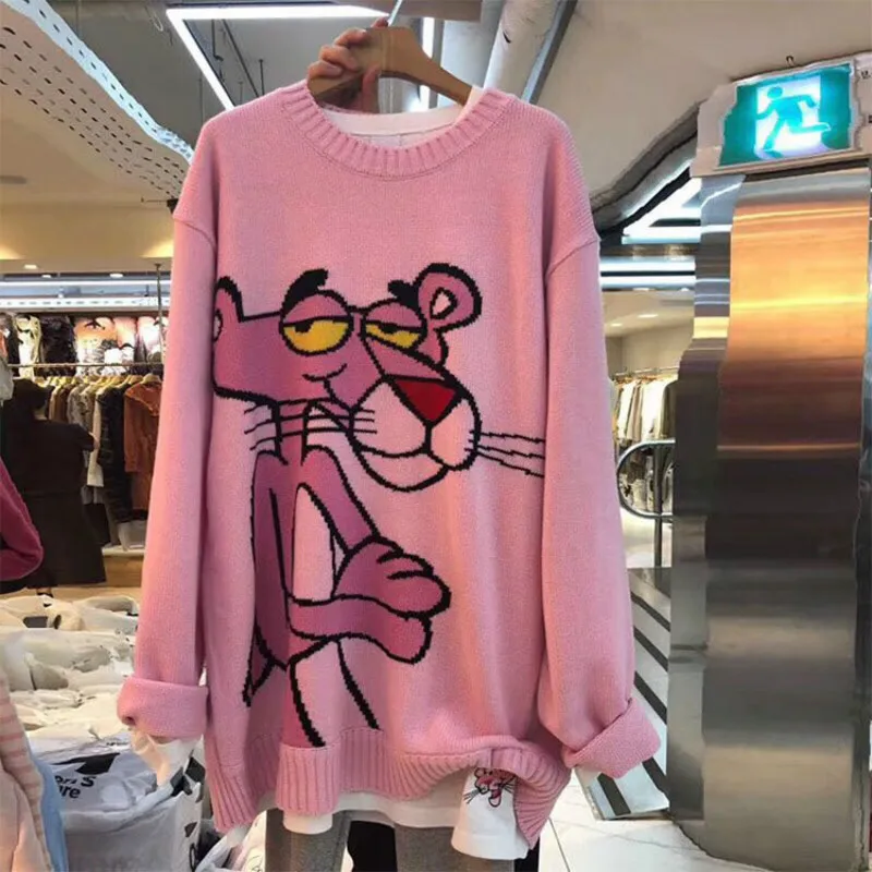 

Cartoon Pink Red Plus Size Women Sweater Loose Korean Pullover Tops Fashion Leopard Long Sleeve Female Knit Sweaters Winter 2020