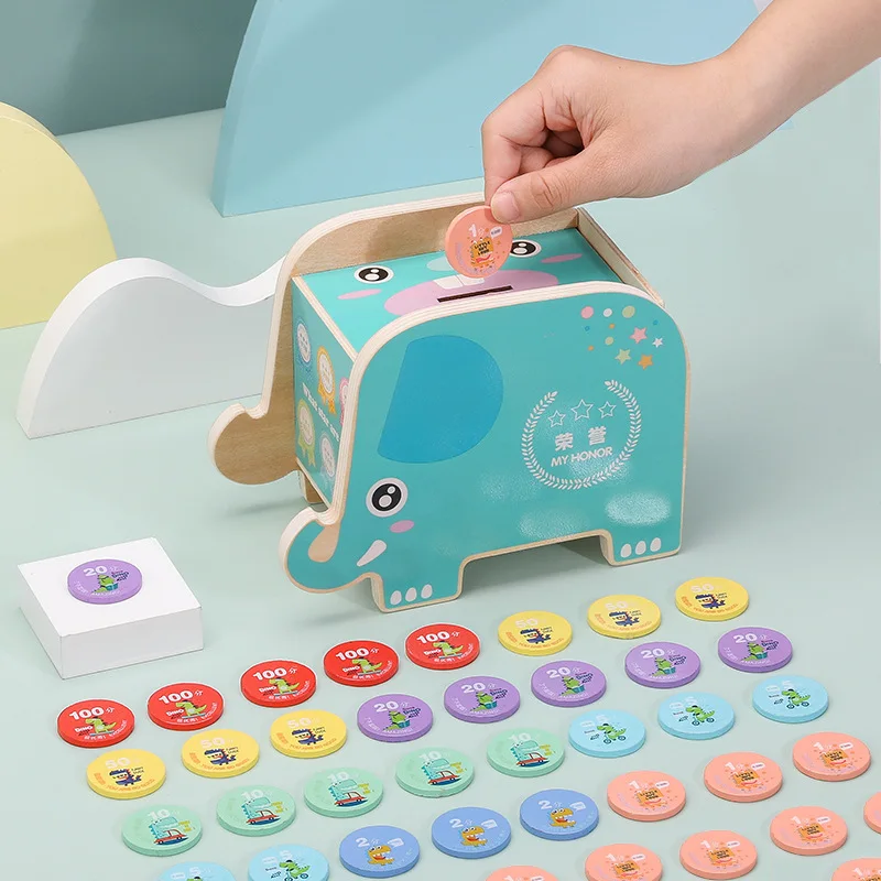

Children's wooden piggy bank toys early education puzzles to cultivate baby habits New cartoon elephant fun piggy bank