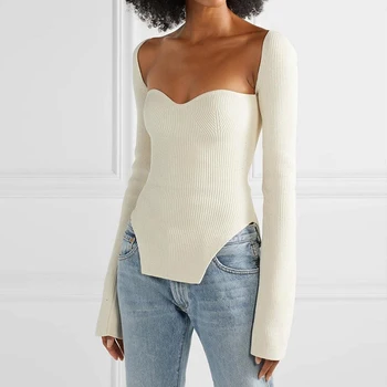 

Square Collar White Side Split Knitted Sweater Women Long Sleeve High elasticity Sweater Female Streetwear irregular Crop Tops
