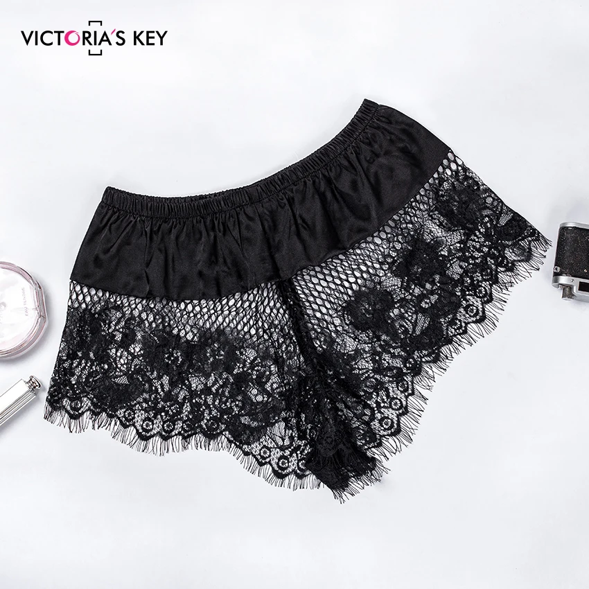 VICTORIA'S KEY, сексуальный черный топ с v-образным вырезом без рукавов, Шелковый топ на бретельках и сетчатые кружевные шорты, пижамный комплект, осенняя Пижама, женские пижамные комплекты
