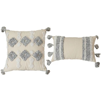 

2x Cushion Cover Tuft Tassels Handmade Pillow Cover for Sofa Bed Grey Ivory Diamond Stripe-Beige+Grey & Beige