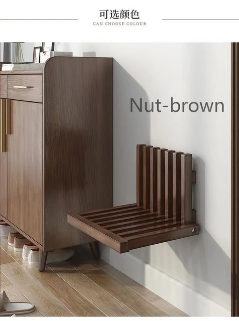 Ultra Thin Hidden Wall Hanging Folding Stool Porch Chair Shoe Changing Wall-Mounted Folding Bathroom Stool Nut-brown