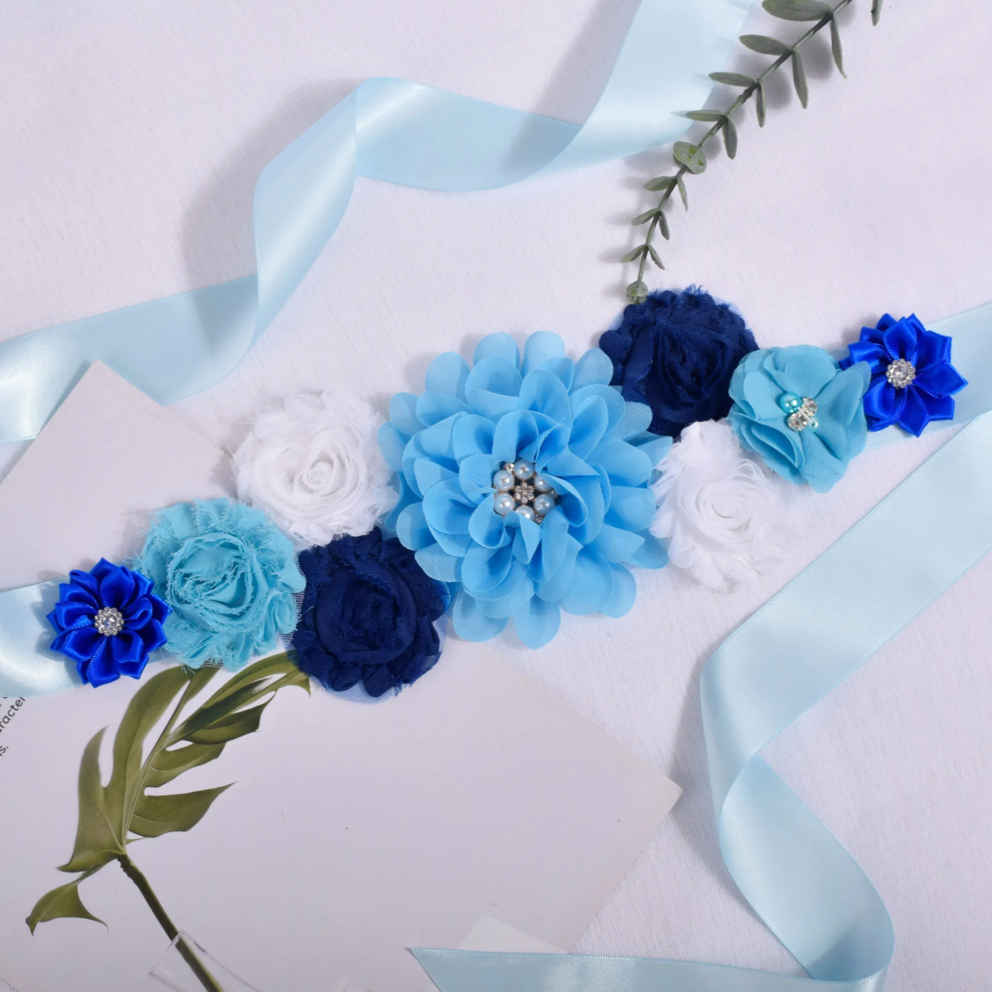 Purtulle Maternity Sash Women Blue Flower Sash Pregnancy Belly Belt Bridal Ribbon Cummerbunds Wedding Dress Waist Belt maternity support band