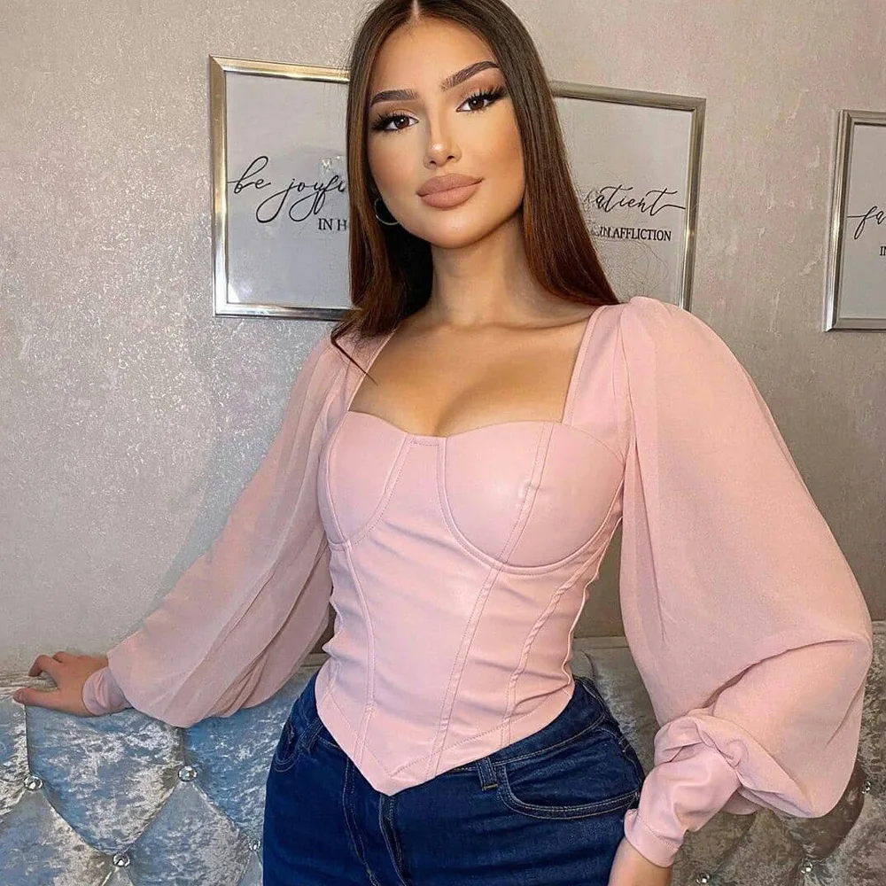 Women Mesh and PU Leather Patchwork Cropped Tops T shirt Lantern Sleeve Slim Corset Square Collar Gothic Vintage Tees | Женская одежда