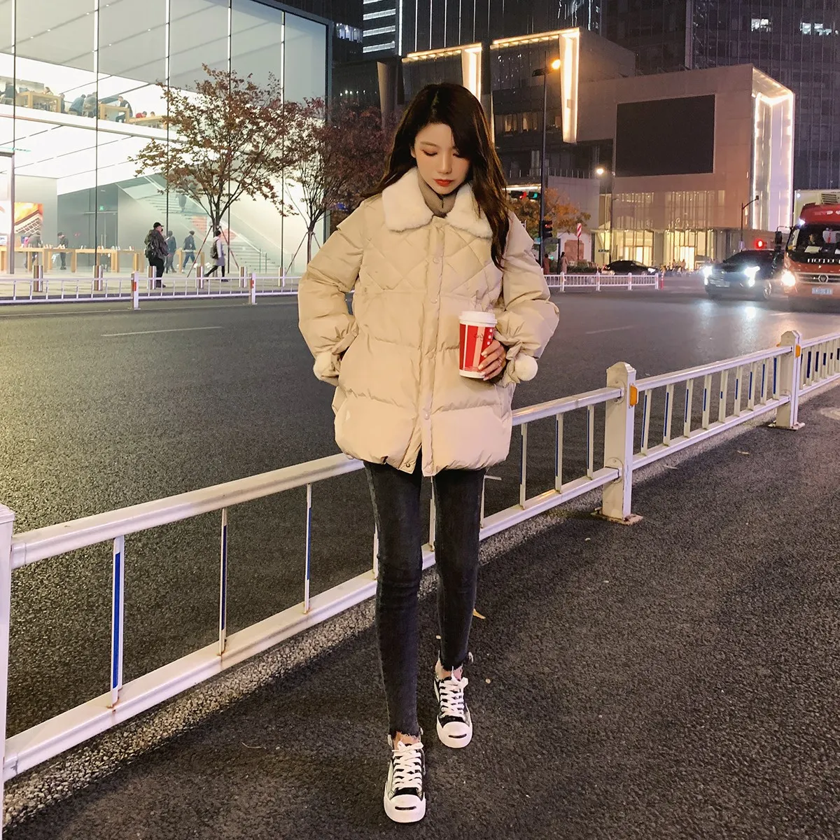 

20192018 Korean-style Winter New Style by Age Pink down Coat Student Mid-length Loose Cotton Overcoat