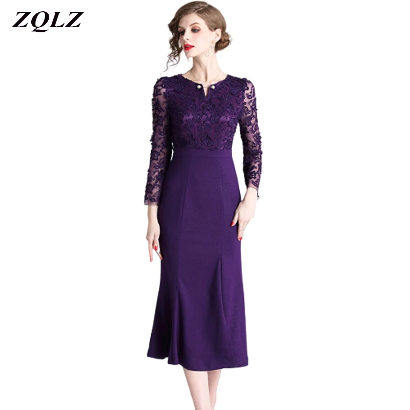 

Zqlz 2019 Spring Autumn Women Long Dress Embroidery Floral Patchwork Mesh Office Dress Elegant Casual Evening Party Dresses