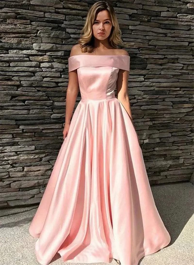 

Off Shoulder Pink Prom Dresses Long A-line Lace Up Back Pockets Floor Length Simple Formal Party Evening Gowns Vestidos De Festa