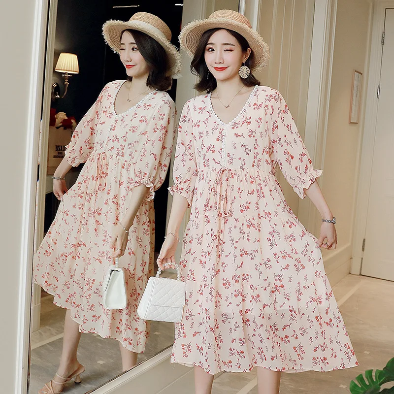 

Pregnant Women Dress Summer Wear 2019 New Style Loose-Fit Floral-Print Chiffon Nursing Long Skirts Casual V-neck Outer Wear Mate