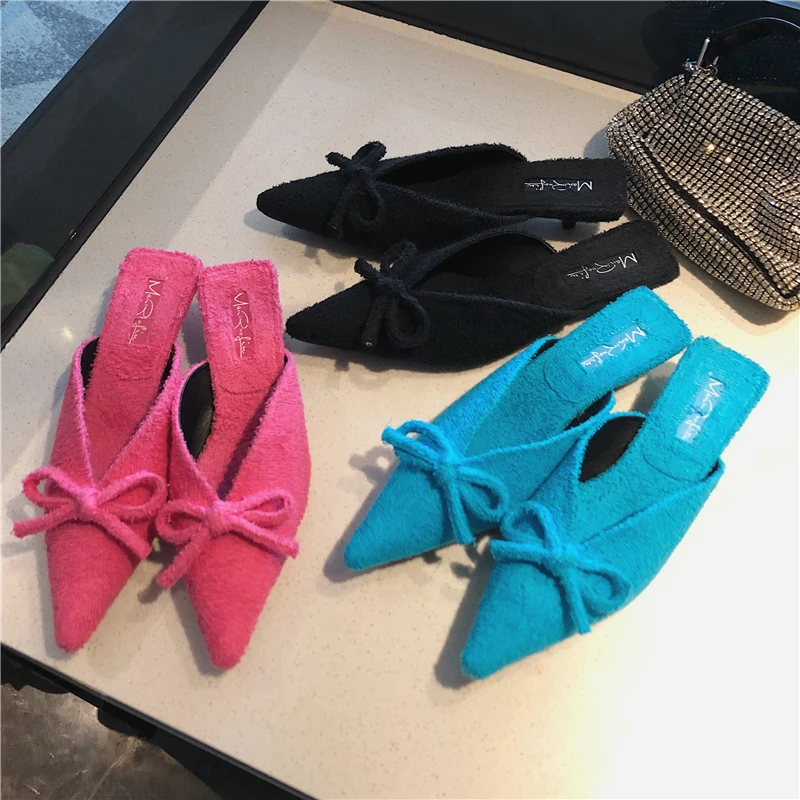 

Shoes Woman 2019 Shallow Butterfly-knot Med Luxury Slides Flock Pointed Toe Thin Heels Slipper Soft Designer Sexy Rubber