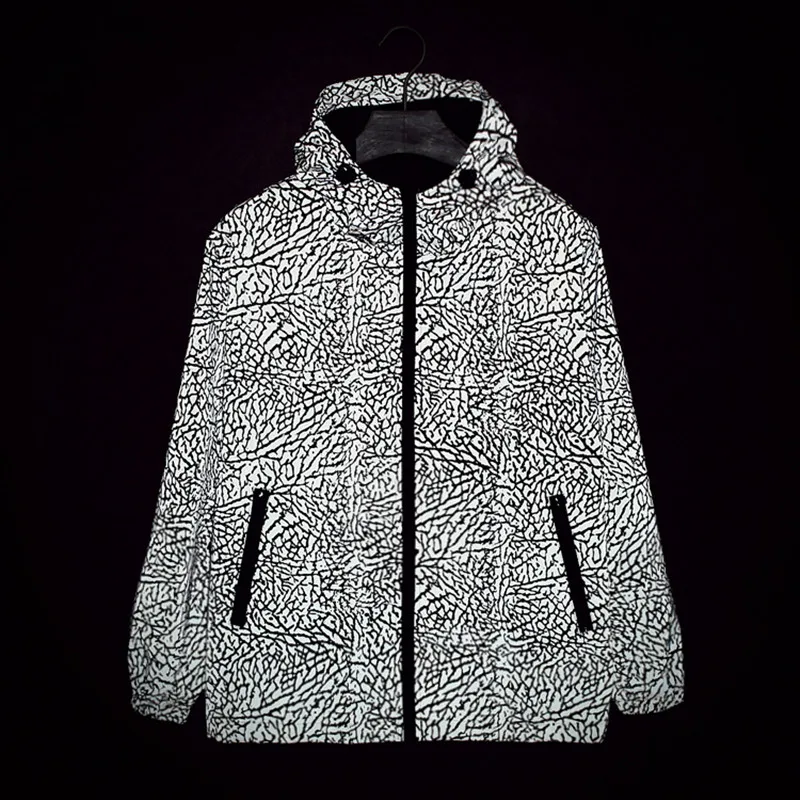Мужская хип-хоп леопардовая Светоотражающая Ночная светящаяся скейтборд куртка с капюшоном уличная harajuku молния водонепроницаемая ветровка пальто