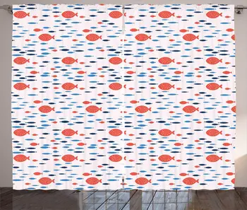 

Blue Burnt Sienna Fish Theme Curtains Simplistic Artwork Geometric Sea Creatures Hand Drawn Like Design Living Room Window Drap