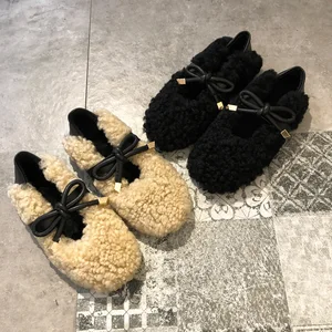 Women Winter Butterfly Knot Slip on Warm Loafers Shoes Home Casual Flats Shoes Women Warm Plush Shoes Lazy Footwear