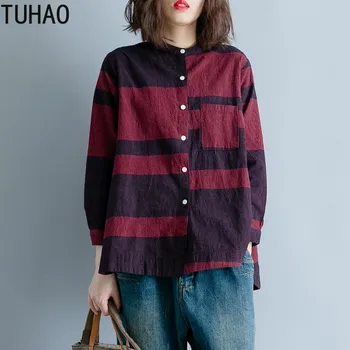 

Large Size Woman's Cotton Linen Blouse Casual Color Patchwork TUHAO Fall Casual Print Shirt Tops Blusas Mujer De Moda T9360