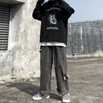 

Retro gray jeans men loose straight leg pants wild wide leg pants tide