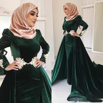 

Dark Green Velvet Muslim Prom Dresses High Neck Appliqued Plus Size Evening Gowns Long Sleeves Hijab Kaftan Dubai Overskirt For