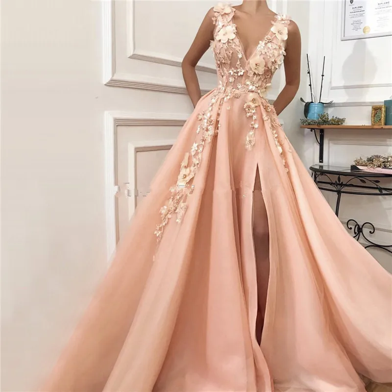 

African Peach Deep-V Beach Sexy Evening Dresses Diamonds Handmade Flowers Tulle Evening Formal Gown Saudi Arabia Prom Dress 2020
