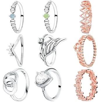 

Fashion 925 Sterling Silver Rings Sparkling Angle Wing Crown Rose Golden Heart Ring Women anniversary party Jewelry gift