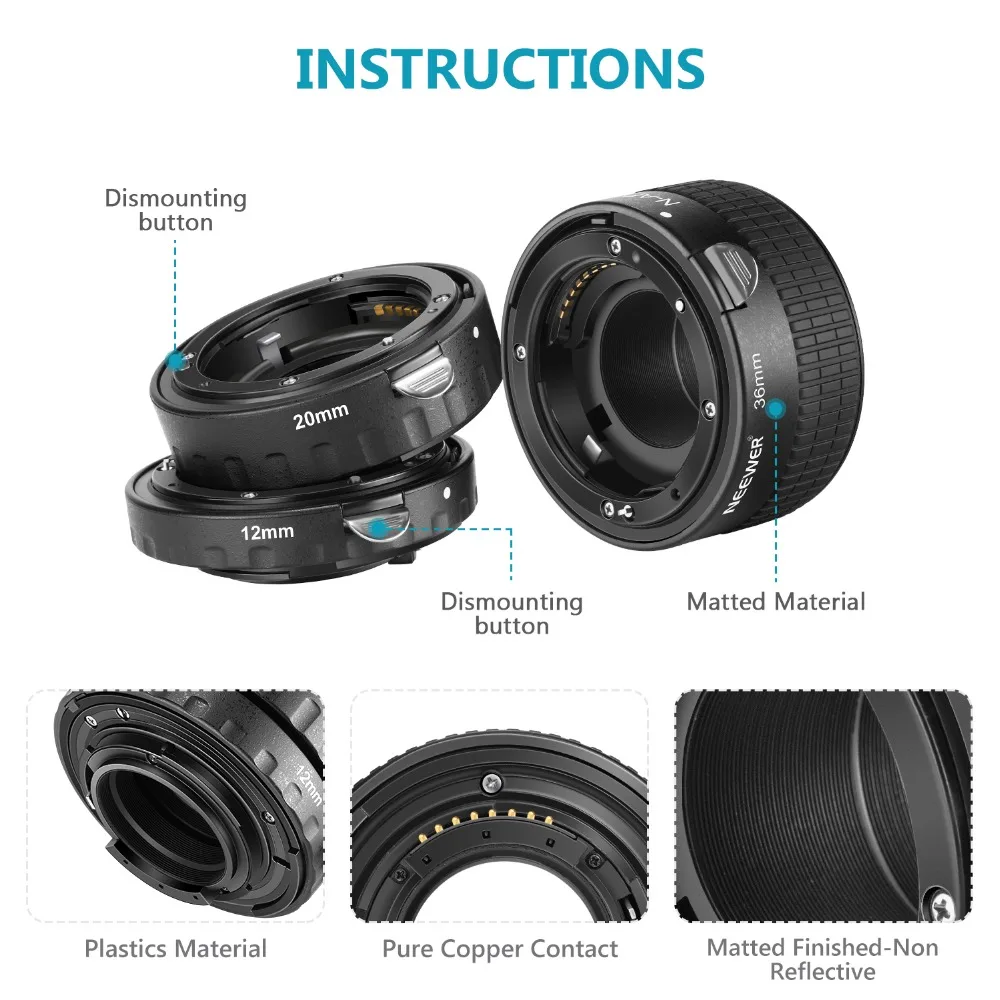 Neewer 2 мм, 20 мм, 36 мм AF Автофокус ABS Удлинитель Набор для Nikon D7200/D7100/D7000/D5300/D5200/D5100/D5000/D3300/D3200