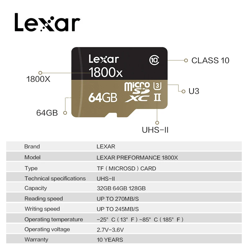 Lexar Профессиональный 1800x microSDXC UHS-II Micro sd-карты объемом 64 Гб оперативной памяти, 32 Гб встроенной памяти до 270 МБ/с. V90 U3 карту памяти SD класса 10 Флэш-Памяти TF карты