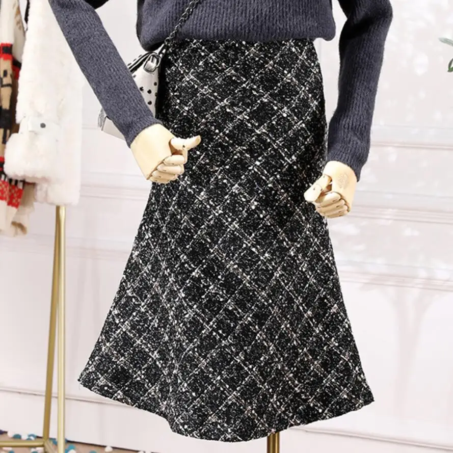 Большой размер 3XL! осенне-зимняя женская шерстяная юбка из твида с небольшим ароматом, высокая талия, юбка-труба в стиле русалки - Цвет: black
