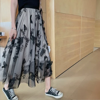 

4 Colors Long Lace Mesh Embroidery Women Skirt Autumn Spring Elegant Runway Korean Fashion Skirt Casual Office Skirts for Women