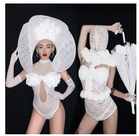 

Сексуальная ведущая танцевальная белая маска с цветочным принтом, Кружевное боди на День святого Валентина, вечерние костюмы для выступлений, костюм для сцены