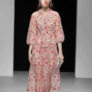 

Vintage Flower Embroidery Trench Coat Women Double-Breasted Notched Lantern Sleeve Belt Mesh Long Coat Spring Outerwear A127