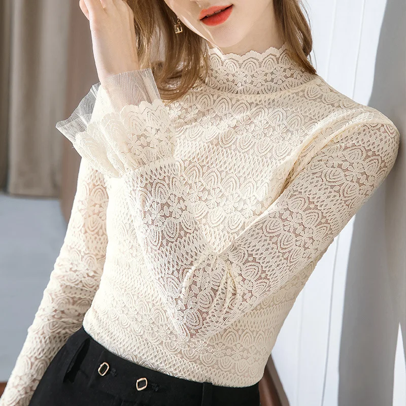 

Plus Size Elegant Tops Woman High Collar Blouses Lace Basics Blouse Shirt Flare Sleeve Women Thickening Shirts Women Blusas